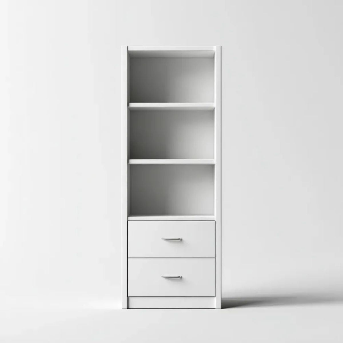 Biały regał z płyty wiórowej laminowanej 60 × 30 × 180 cm, 3 półki i 2 szuflady