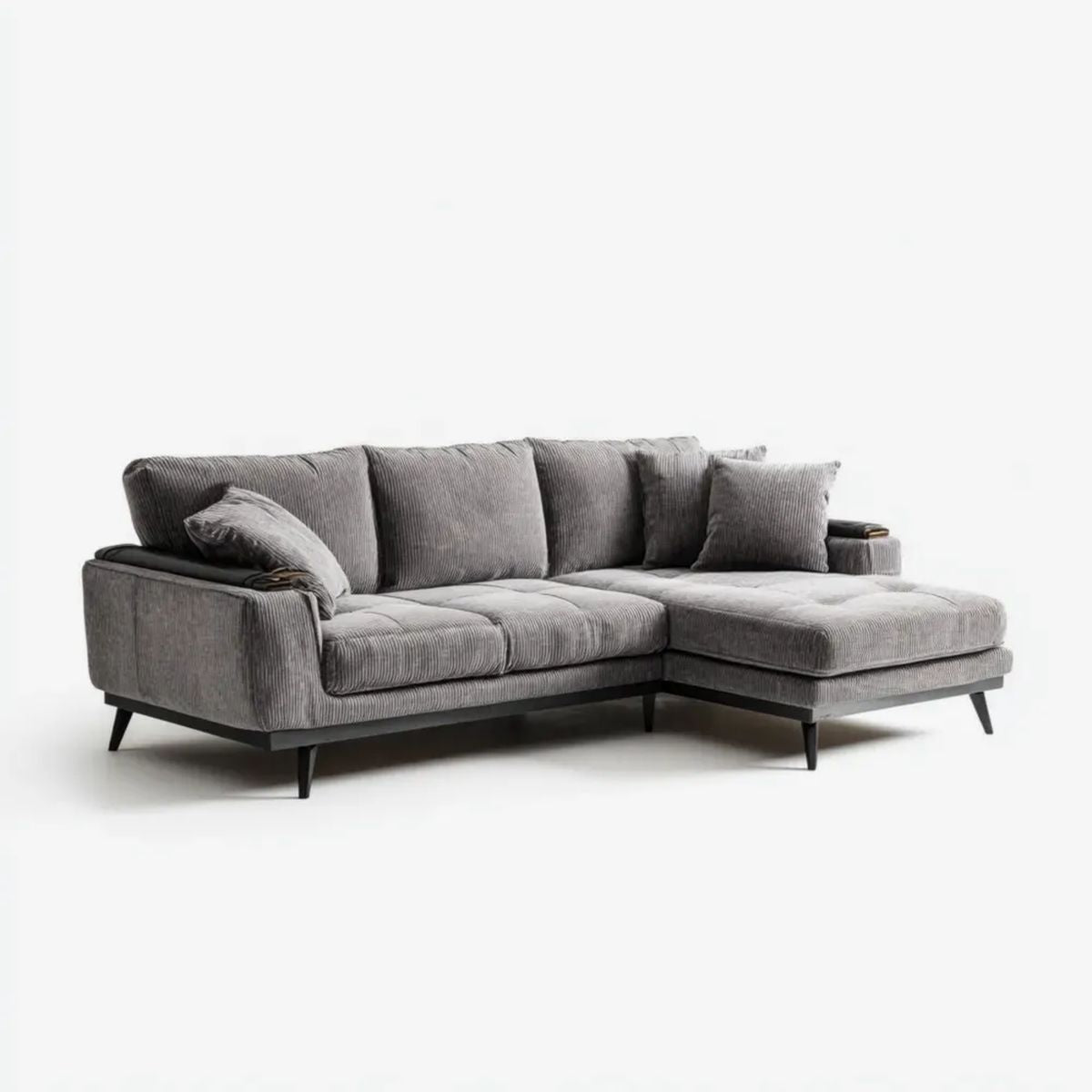 Prawostronna sofa narożna z szezlongiem z poliestru, szaro-czarna, 250 × 160 × 85 cm