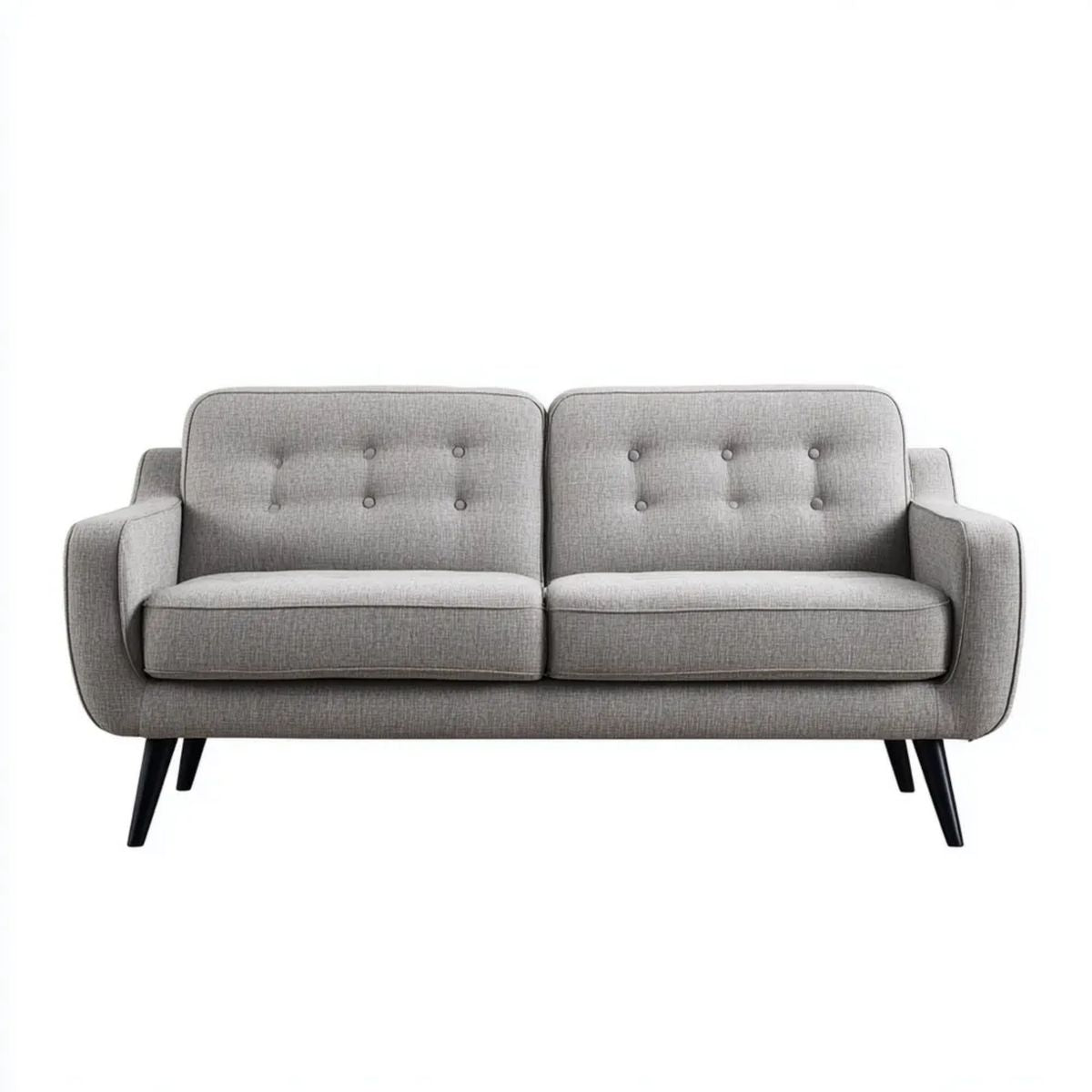 Szara sofa dwuosobowa z tapicerką materiałową i stalowymi nogami, 145 x 78 x 82 cm