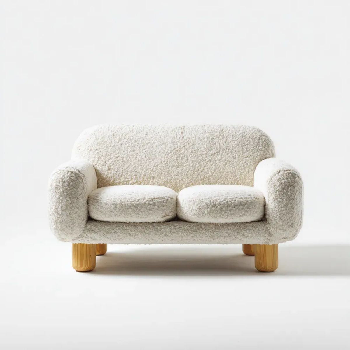 Kremowa sofa dwuosobowa z tkaniny bouclé na drewnianych nogach, 140 x 78 x 78 cm