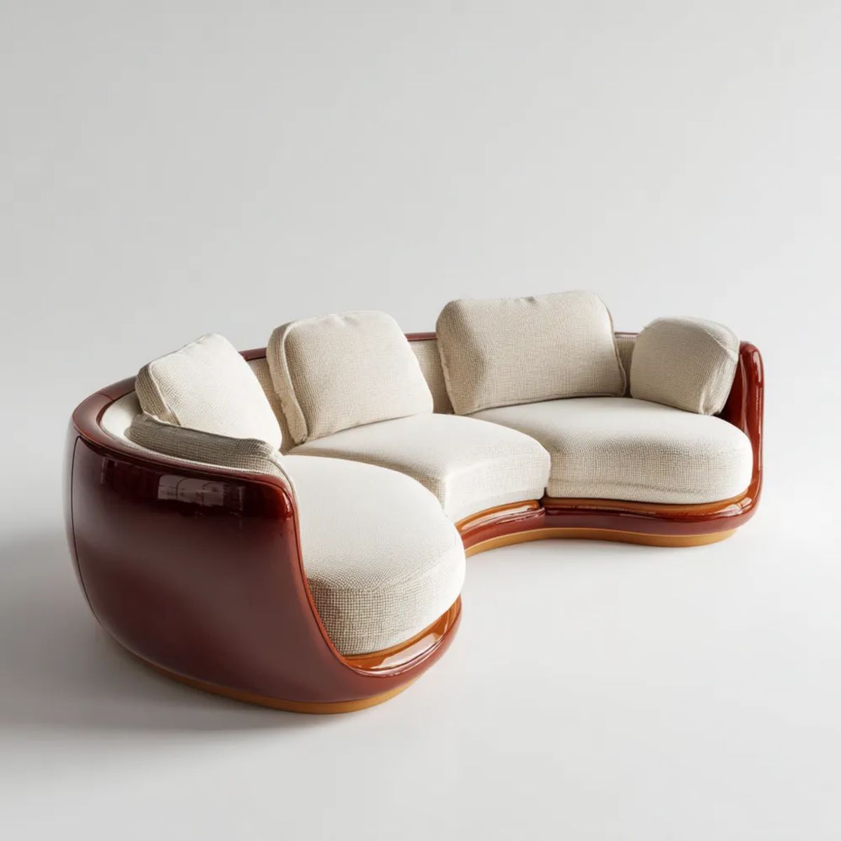 Półokrągła sofa 3-osobowa kremowo-bordowa z tapicerką poliestrową i skorupą z laminatu, 280 × 150 × 78 cm