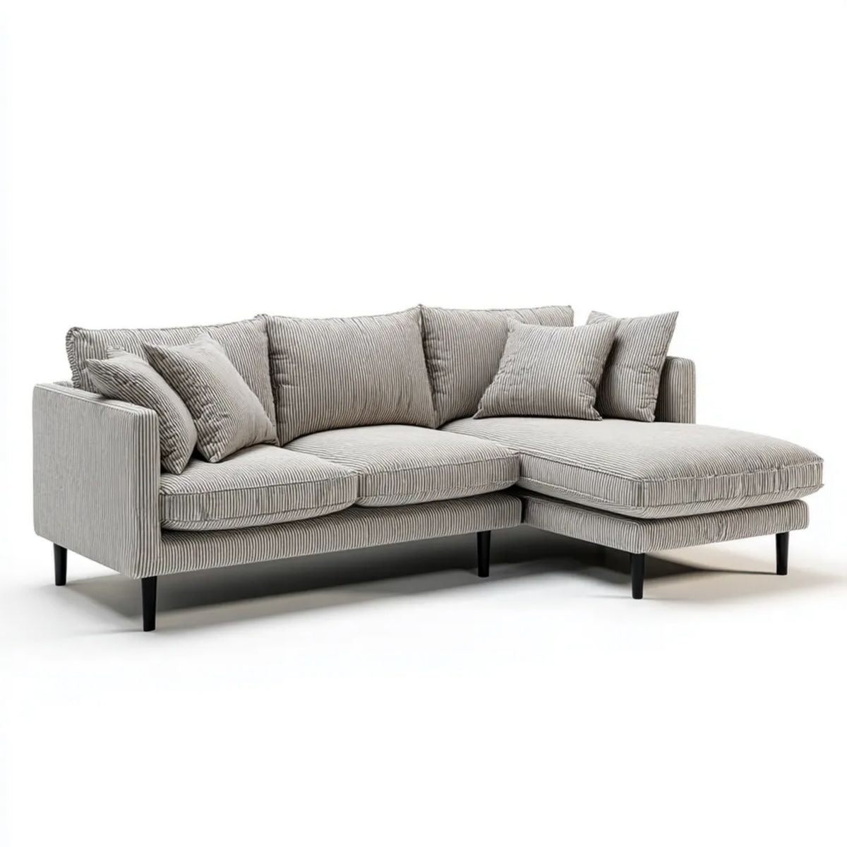 Beżowa sofa narożna L ze sztruksową tapicerką, prawostronnym szezlongiem i czarnymi metalowymi nogami, 260 x 160 x 85 cm