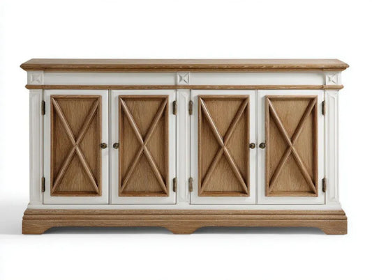 Kredens 4-drzwiowy biało-brązowy z MDF i okleiną dębową, 180 x 45 x 95 cm