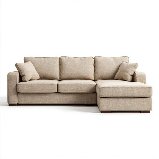 Beżowa sofa narożna z prawostronnym szezlongiem, tkanina, 260 × 160 × 85 cm