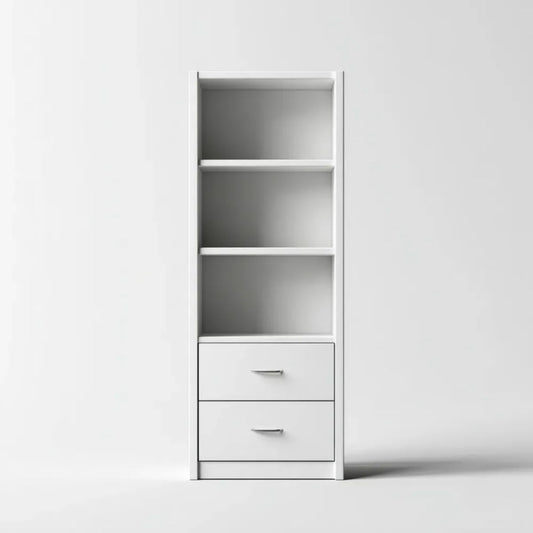 Biały regał z płyty wiórowej laminowanej 60 × 30 × 180 cm, 3 półki i 2 szuflady