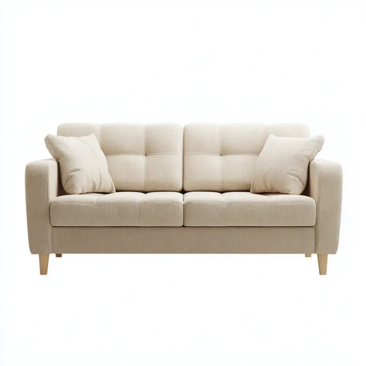 Dwuosobowa sofa beżowa z tapicerką poliestrową i drewnianymi nóżkami, 180 x 85 x 88 cm