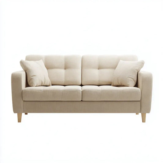 Dwuosobowa sofa beżowa z tapicerką poliestrową i drewnianymi nóżkami, 180 x 85 x 88 cm