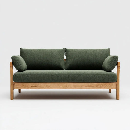 Dwuosobowa sofa zielona z drewnianą ramą i obiciem z tkaniny, 160 × 78 × 78 cm