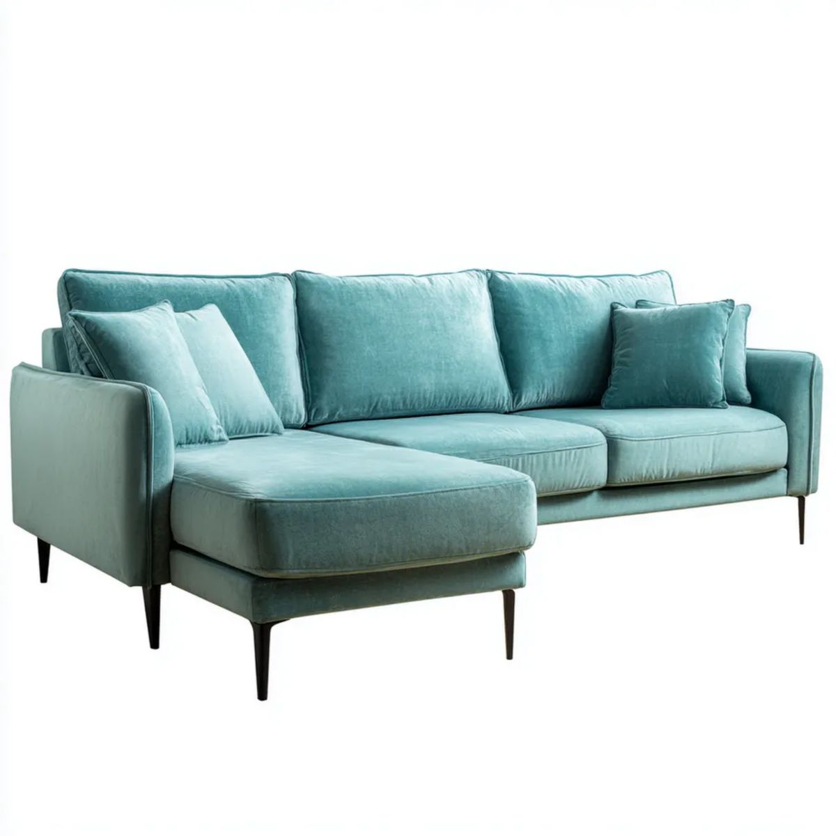 Turkusowa sofa narożna z szezlongiem z aksamitu poliestrowego, lewostronna, 250 x 160 x 85 cm
