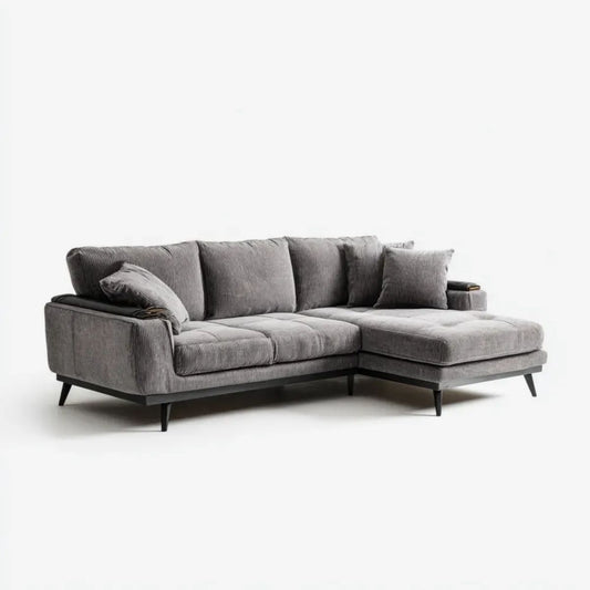 Prawostronna sofa narożna z szezlongiem z poliestru, szaro-czarna, 250 × 160 × 85 cm