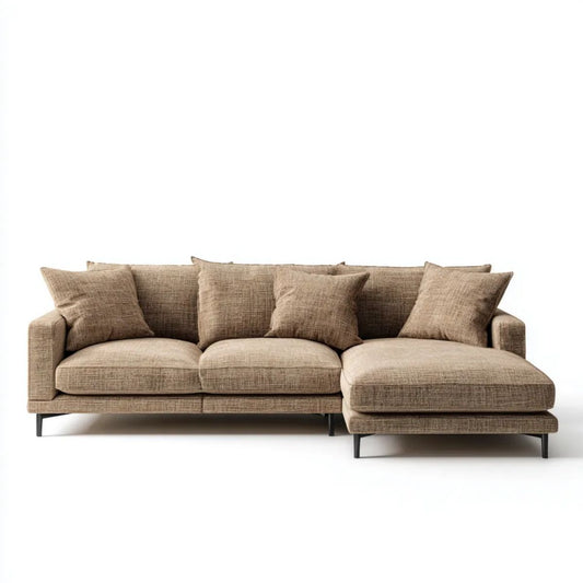 Beżowa sofa narożna z prawym szezlongiem, tapicerka poliestrowa, 280 × 160 × 85 cm