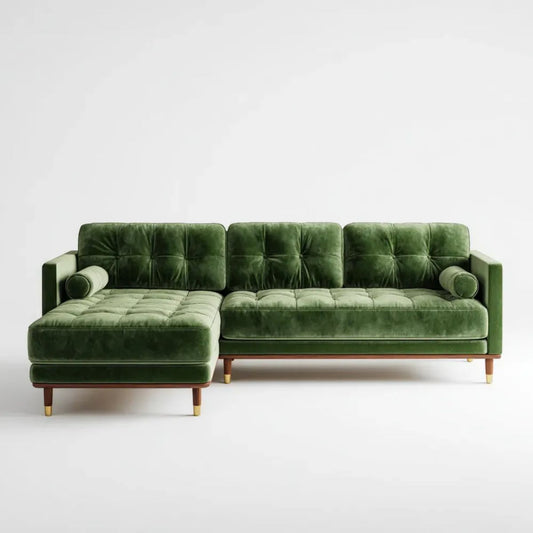 Lewostronna sofa narożna 3-osobowa z szezlongiem, aksamitna, oliwkowozielona, 260 × 160 × 85 cm