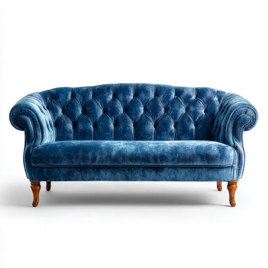 Dwuosobowa sofa Chesterfield z aksamitu granatowa, drewniane nogi, 170 x 90 x 75 cm