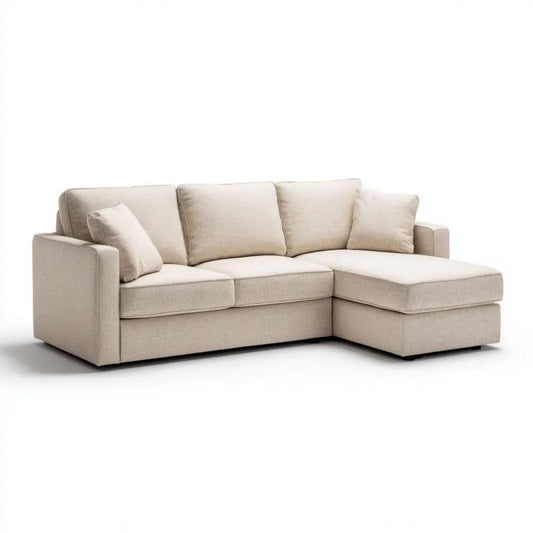 Beżowa sofa narożna z prawostronnym szezlongiem, tapicerowana tkaniną, 230 × 150 × 85 cm