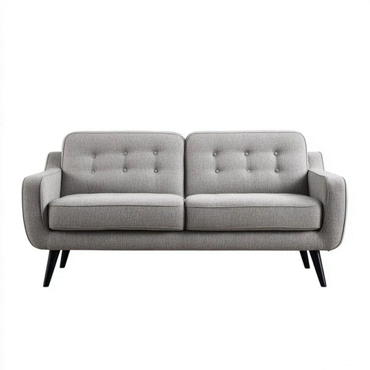 Szara sofa dwuosobowa z tapicerką materiałową i stalowymi nogami, 145 x 78 x 82 cm