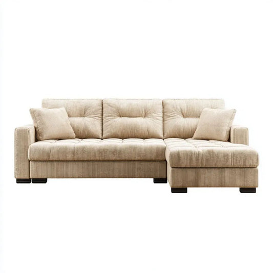 Beżowa sofa narożna z prawostronnym szezlongiem i tapicerką sztruksową 260 × 160 × 85 cm