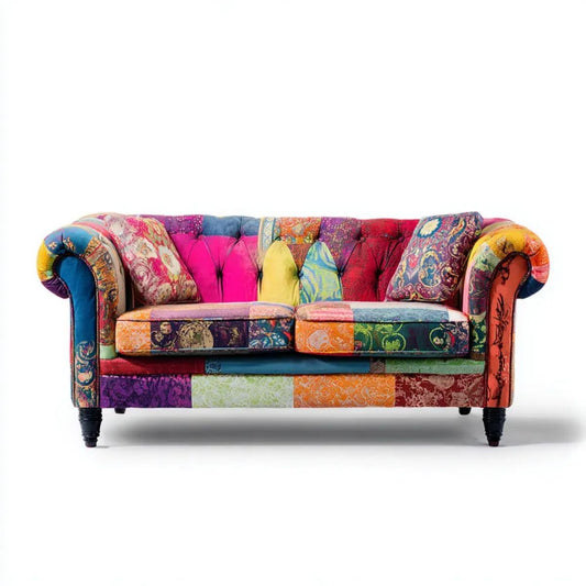 Dwuosobowa sofa Chesterfield z tkaniny poliestrowej patchwork, fuksja/granat/czerwony, 170 × 90 × 75 cm