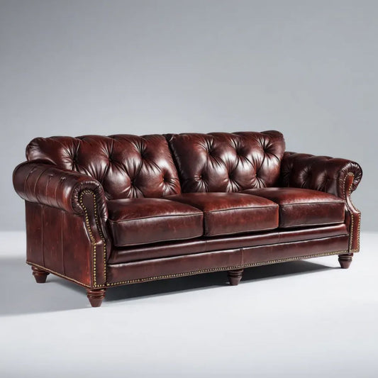 Trzyosobowa sofa Chesterfield ze skóry syntetycznej, ciemnobrązowa, 225 x 95 x 85 cm