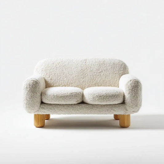 Kremowa sofa dwuosobowa z tkaniny bouclé na drewnianych nogach, 140 x 78 x 78 cm