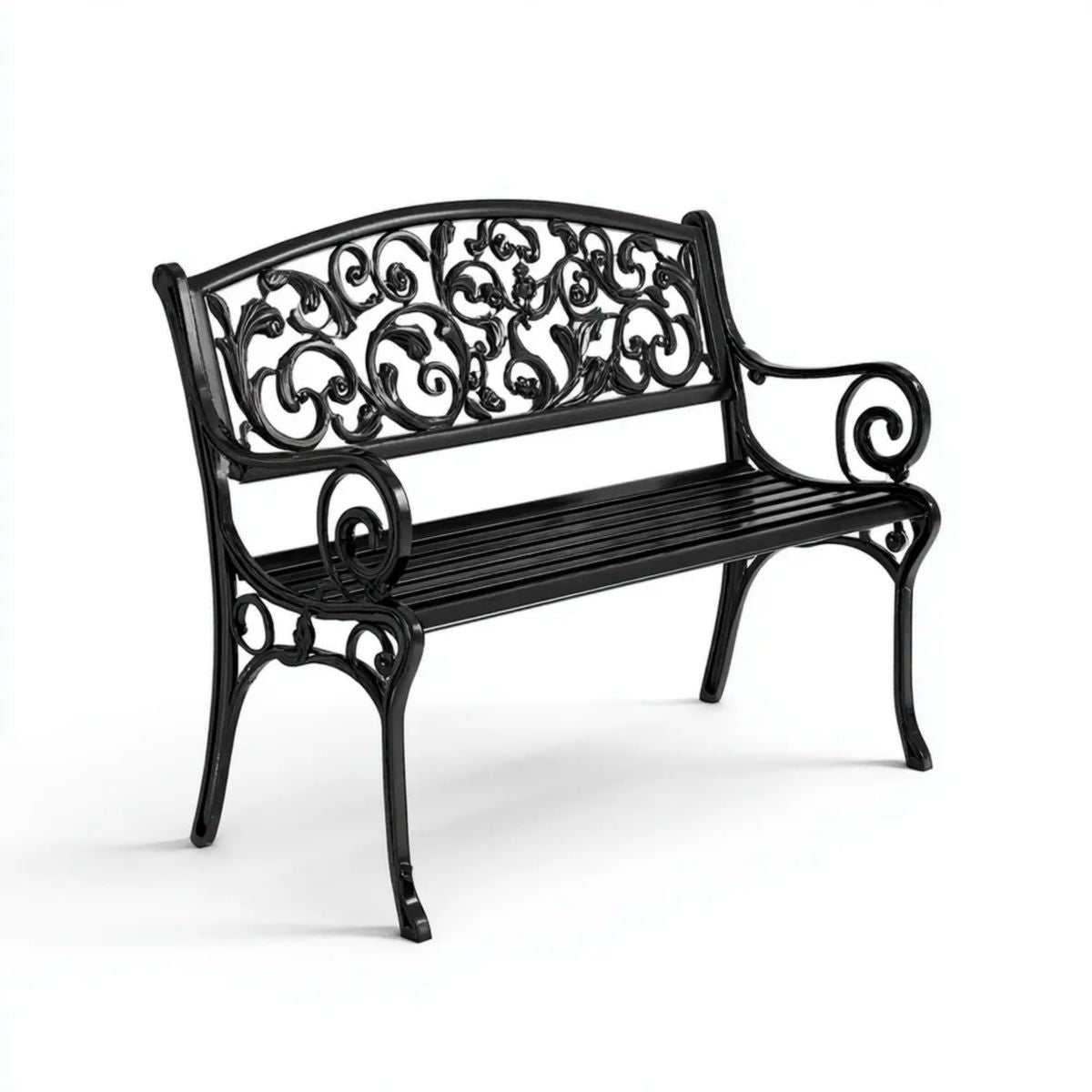 Dwuosobowa aluminiowa ławka ogrodowa czarna 122 x 56 x 87 cm z ażurowym oparciem