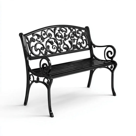 Dwuosobowa aluminiowa ławka ogrodowa czarna 122 x 56 x 87 cm z ażurowym oparciem