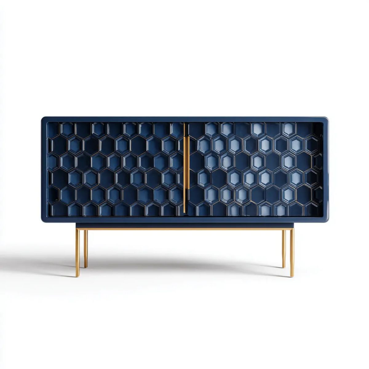 Prostokątna komoda z płyty MDF i stali, granatowo-złota, 160 x 40 x 85 cm
