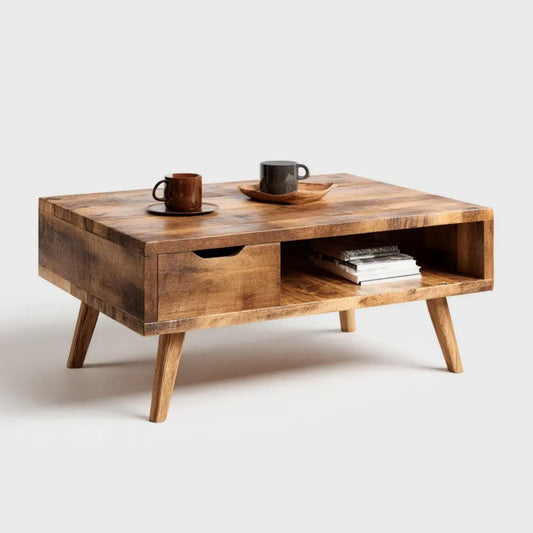 Brązowy drewniany stolik kawowy z litego drewna mango 100 x 60 x 45 cm z szufladą i otwartą półką