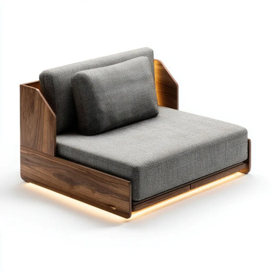 Jednoosobowa sofa wypoczynkowa z drewna i tkaniny, szara z ramą w kolorze orzecha oraz oświetleniem LED, 120 × 100 × 75 cm