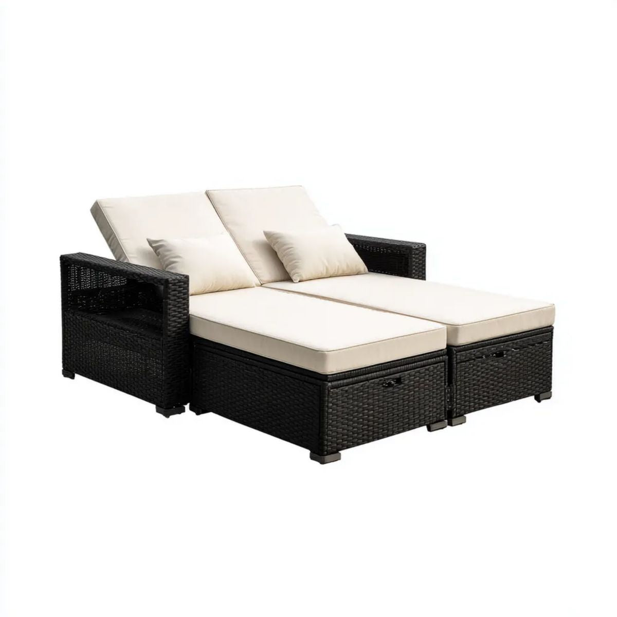 Zestaw 2 leżaków ogrodowych z podłokietnikami i schowkami, czarny rattan PE, kremowe poduszki, 134 × 121 × 78 cm