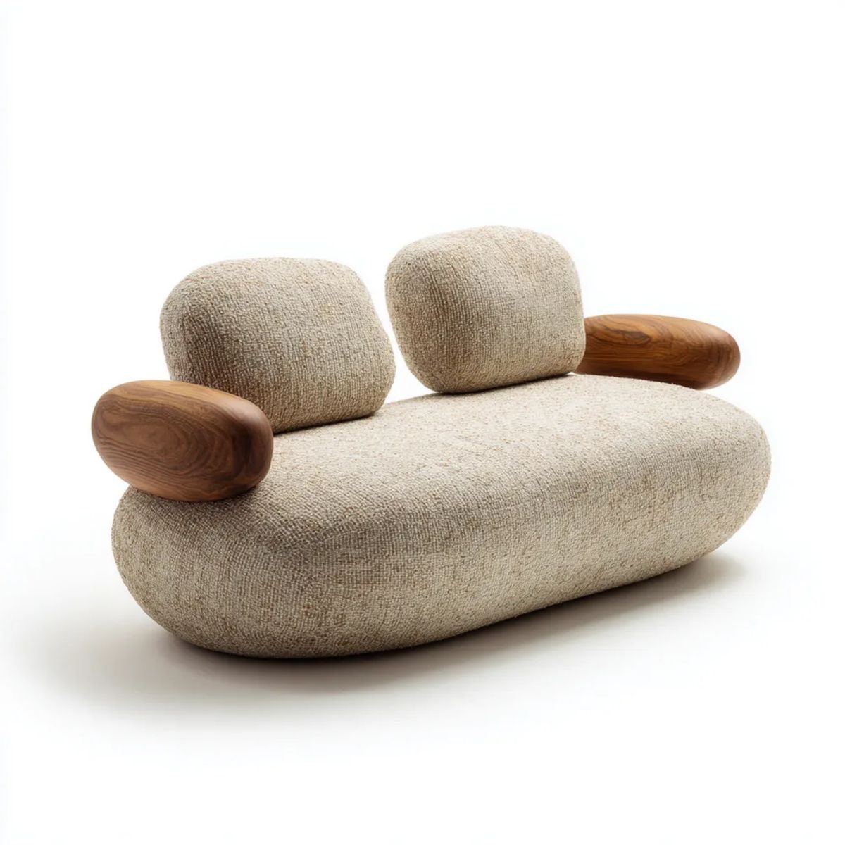 Dwuosobowa sofa beżowa z tkaniny i drewna, 160 × 95 × 75 cm, zaokrąglona