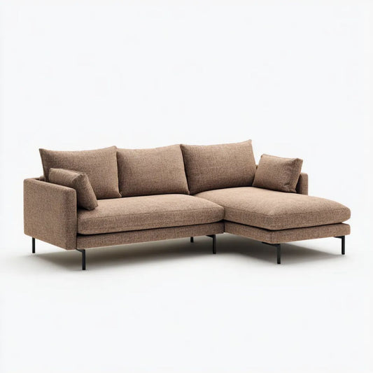 Brązowa sofa narożna w kształcie L z szezlongiem i tapicerką poliestrową, 260 × 170 × 85 cm