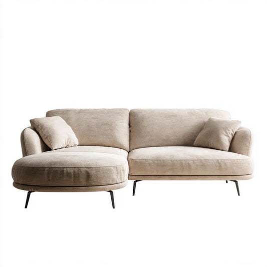 Beżowa sofa narożna lewostronna z szezlongiem, tapicerowana tkaniną, 250 x 160 x 82 cm