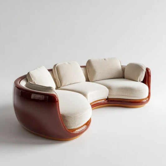 Półokrągła sofa 3-osobowa kremowo-bordowa z tapicerką poliestrową i skorupą z laminatu, 280 × 150 × 78 cm