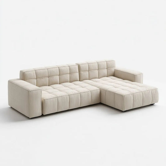 Kremowa sofa narożna w kształcie L z prawostronnym szezlongiem, tapicerowana poliestrem, 280 × 180 × 75 cm