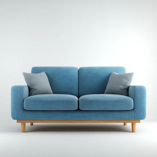 Niebieska sofa dwuosobowa z tapicerką poliestrową i nogami z litego drewna sosnowego, 180 x 85 x 82 cm