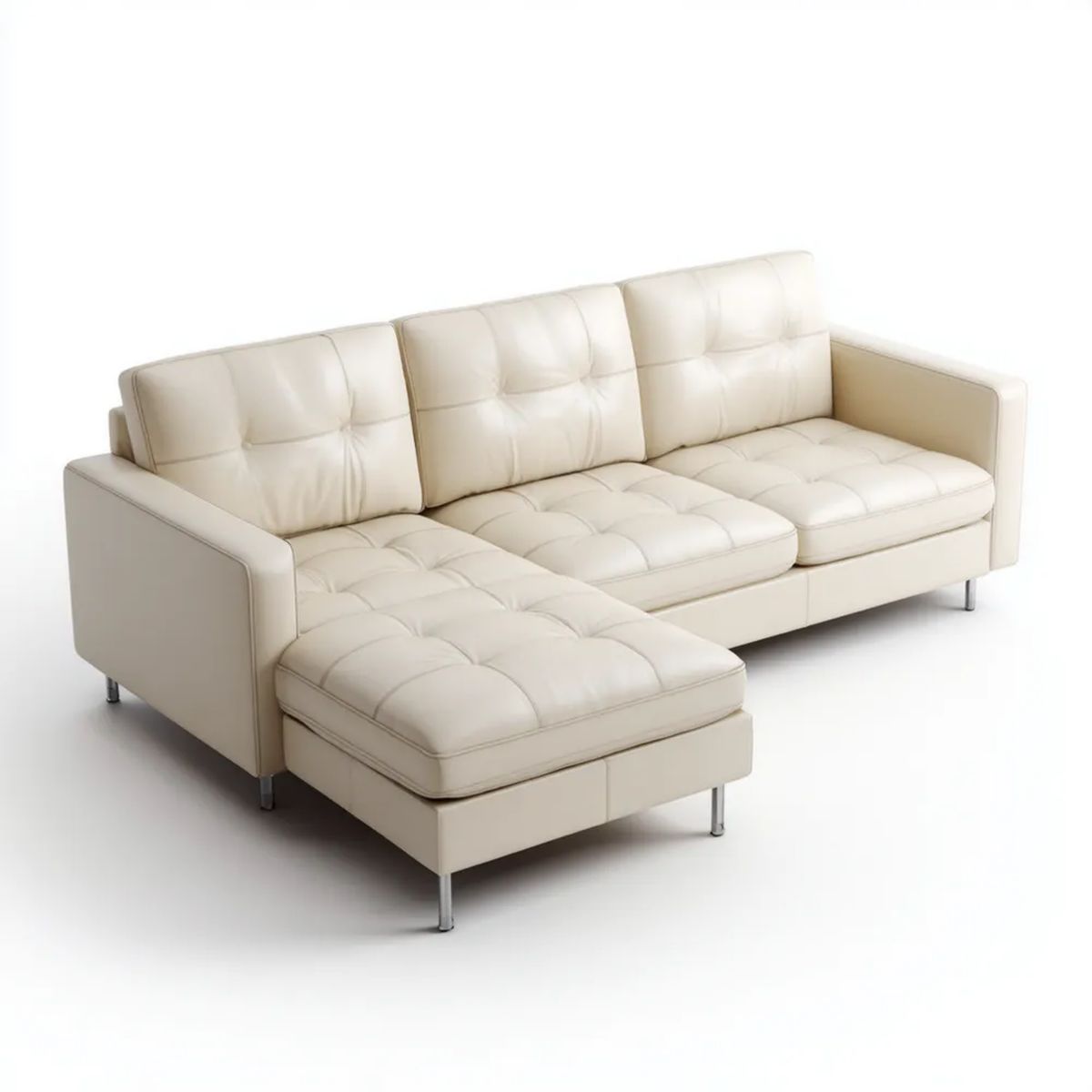 Lewostronna 3-osobowa sofa narożna w kształcie L ze skóry syntetycznej, kremowa, 260 x 160 x 85 cm